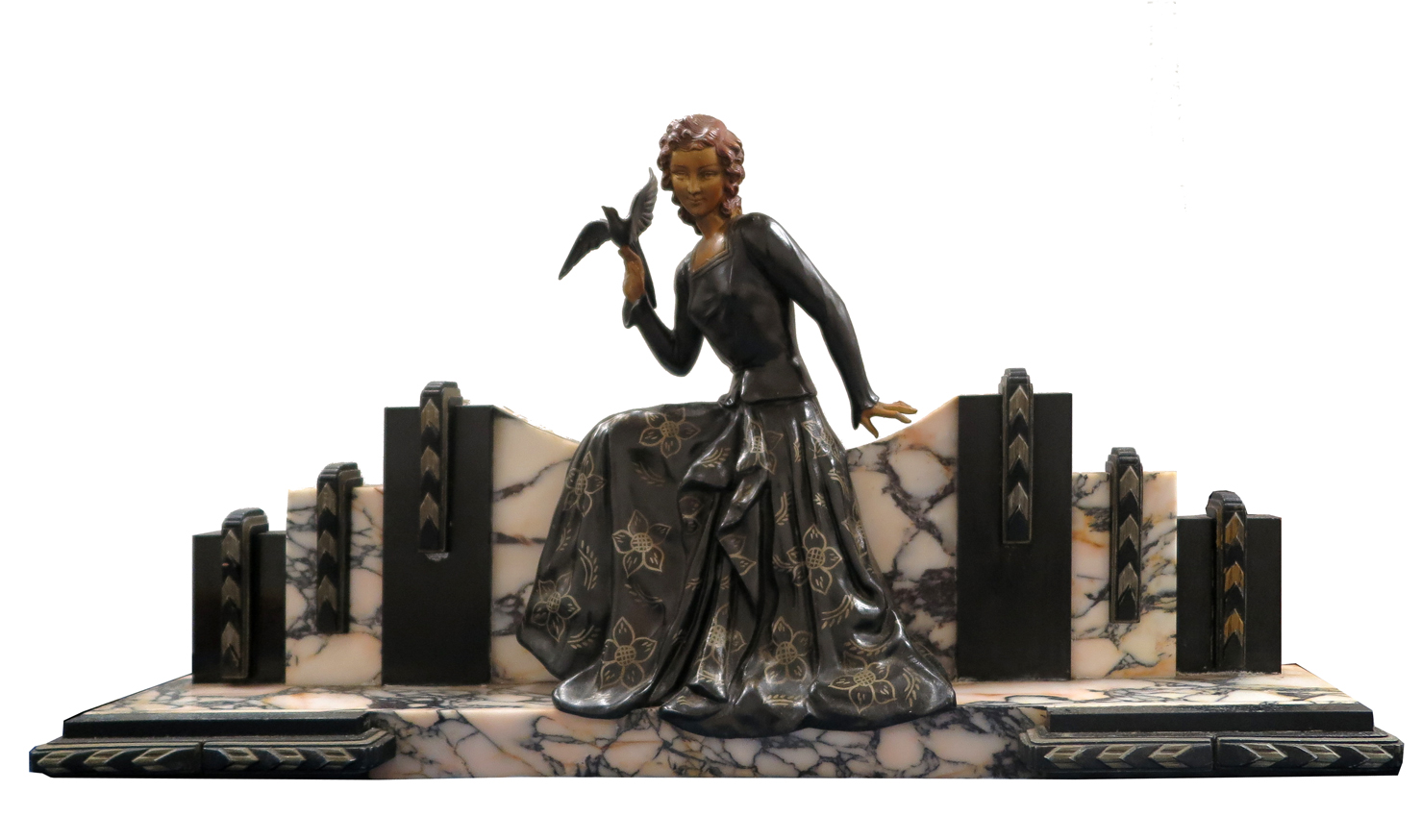 Art Deco Beautiful Lady with Bird Sculpture on Marble Modernism